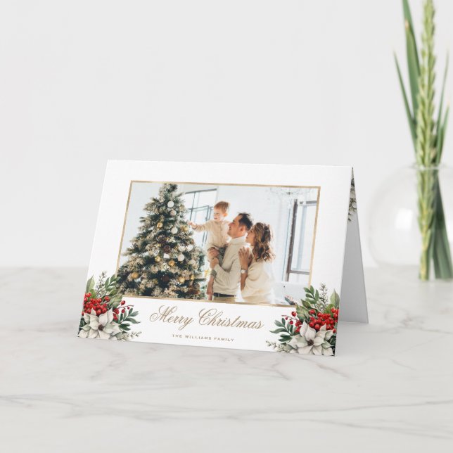 Holly Berries Poinsettia Photo Christmas Card (Front)