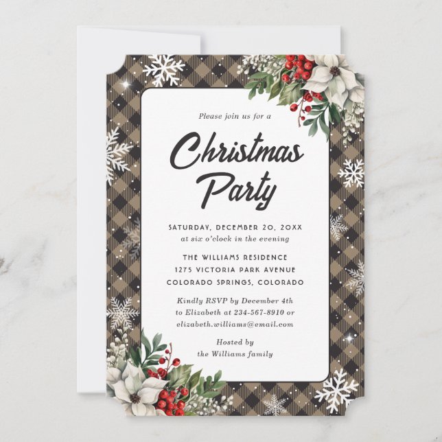 Holly Berries Poinsettia Plaid Christmas Party Invitation (Front)