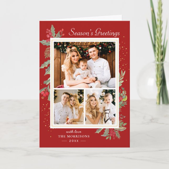 Holly Berries Red Christmas Gold Confetti 3 Photo Holiday Card (Front)