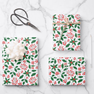 Holly Berries Red Green Botanical Christmas  Wrapping Paper Sheet