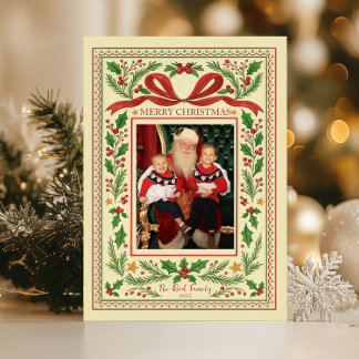 Holly Berries & Red Ribbon Vintage Painted Holiday Card