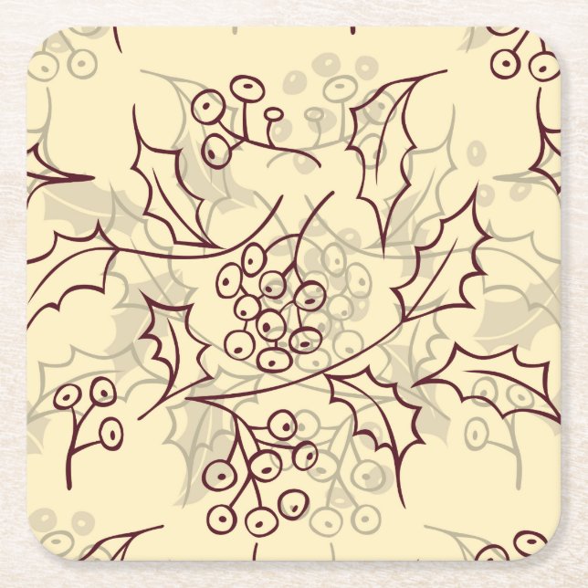 Holly berries seamless design square paper coaster (Front)