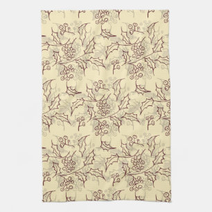 Holly berries seamless design tea towel