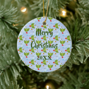 Holly berries snow and stars small scale pattern ceramic tree decoration