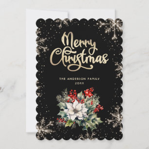 Holly Berries Snowflakes Black Gold Christmas Card
