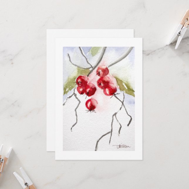 Holly Berries Watercolor Christmas Invitation (Front/Back In Situ)