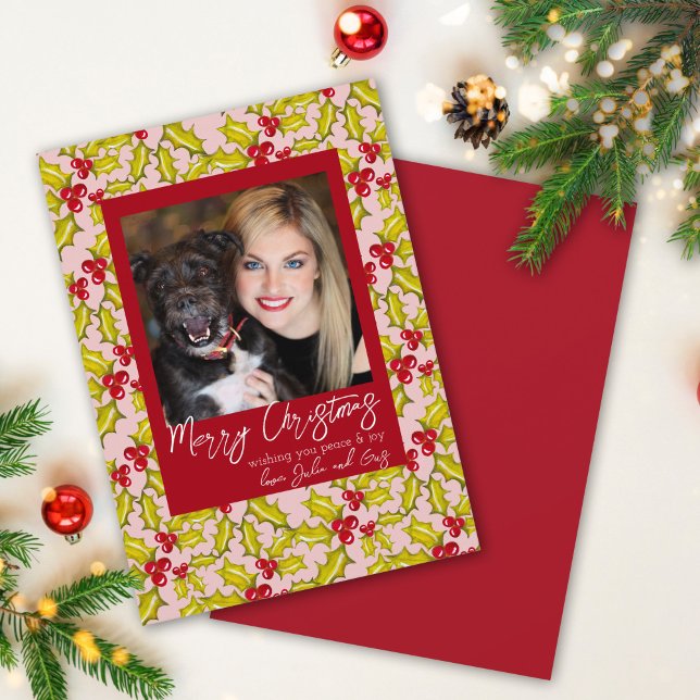 Holly Berries Whimsical Classic 1 Photo Christmas Holiday Card (Creator Uploaded)