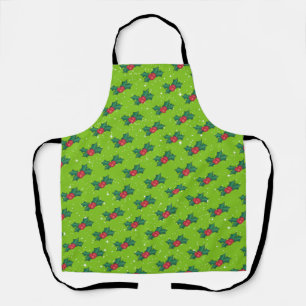 Holly Berries with Snow and Stars on Bright Green Apron
