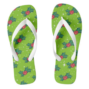 Holly Berries with Snow and Stars on Bright Green Jandals