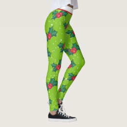 Holly Berries with Snow and Stars on Bright Green Leggings