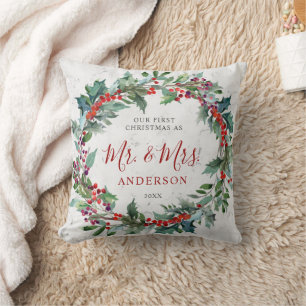 Holly Berries Wreath Marble Mr. & Mrs. Christmas Cushion
