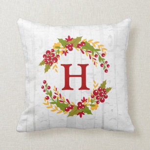 Holly Berries Wreath Monogrammed Family Wishes Cushion