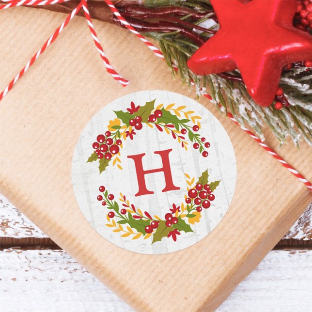 Holly Berries Wreath Winter Blessing Monogram Classic Round Sticker (Creator Uploaded)