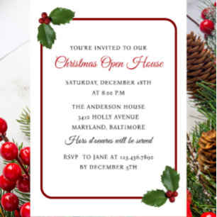 Holly Berrries and Leaves Christmas Open House  Invitation