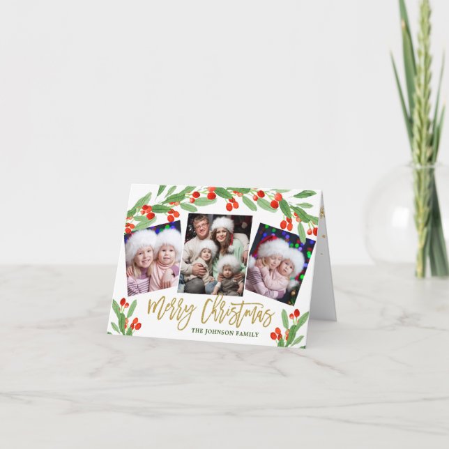 Holly Berry 4 PHOTO Christmas Greeting Holder Holiday Card (Front)