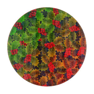 Holly berry and leaves glowing winter hearth cutting board