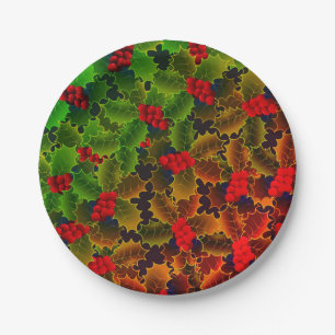 Holly berry and leaves glowing winter red green paper plate