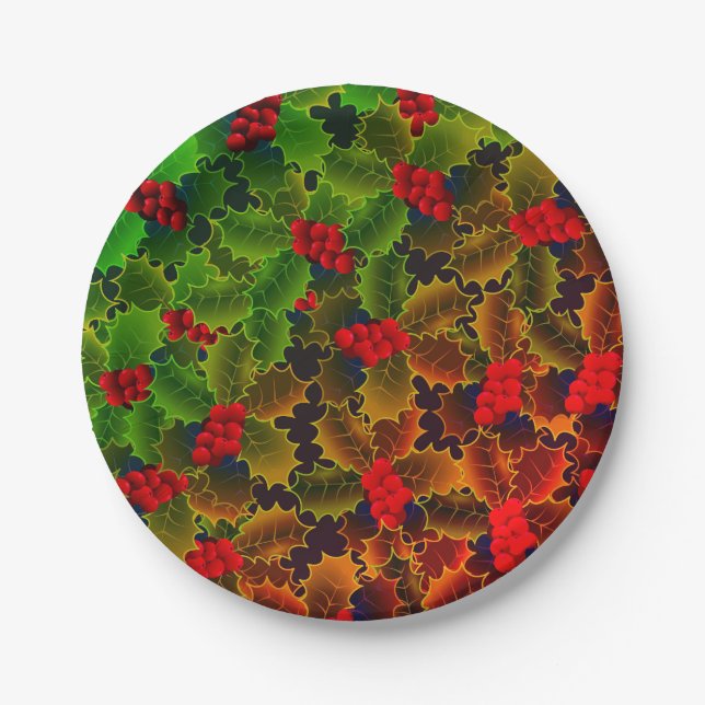 Holly berry and leaves glowing winter red green paper plate (Front)