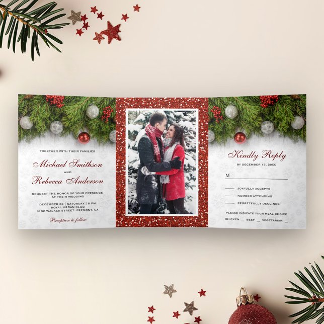 Holly Berry and Pine Leaves Christmas Wedding Tri-Fold Invitation (Creator Uploaded)