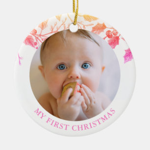 Holly Berry Baby first Christmas Photo Holiday Ceramic Tree Decoration