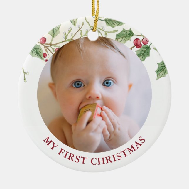 Holly Berry Baby first Christmas Photo Holiday Ceramic Tree Decoration (Front)