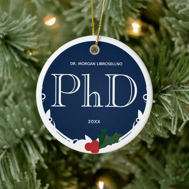 Holly Berry Blue White PhD Graduation Name Year Ceramic Tree Decoration (Tree)