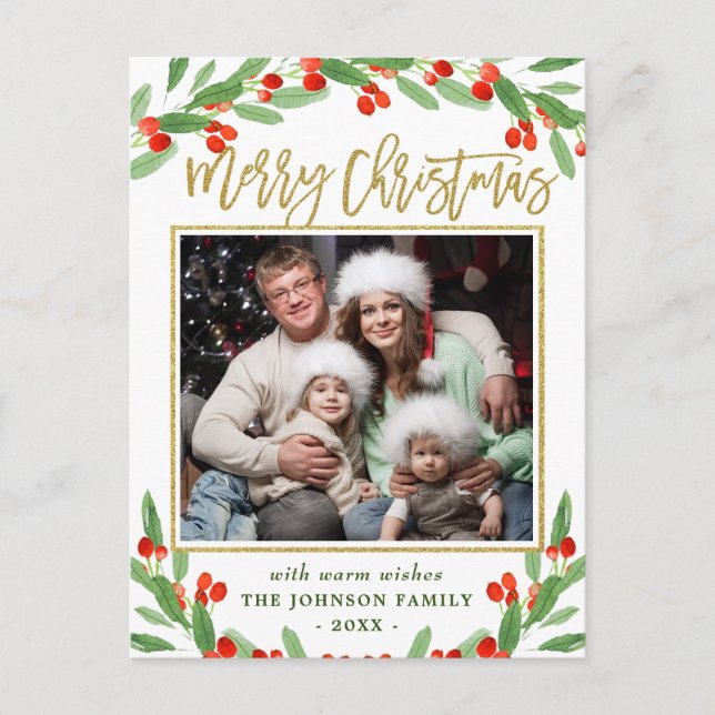 Holly Berry Branch PHOTO Christmas Greeting Postcard (Front)