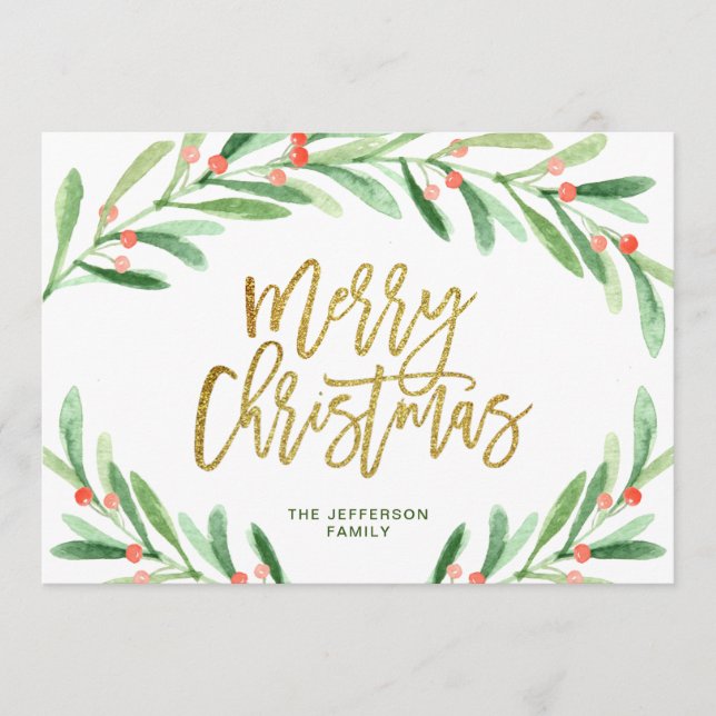 Holly Berry Branch Watercolor Christmas Greeting Holiday Card (Front)