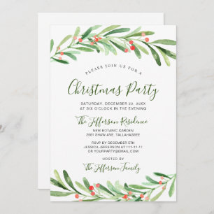 Holly Berry Branch Watercolor Christmas Party Invitation