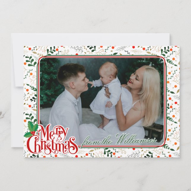 Holly Berry Branches Modern Merry Christmas Photo Holiday Card (Front)