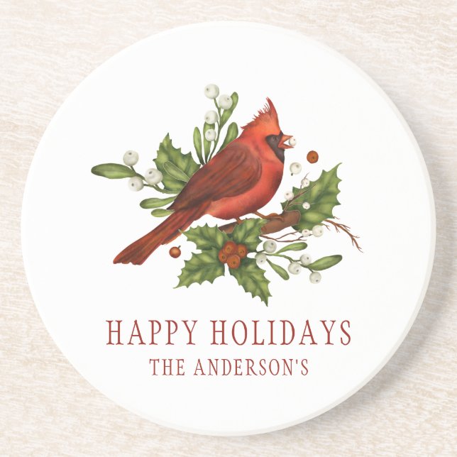 Holly Berry Cardinal Holiday Monogram Mistletoe Coaster (Front)