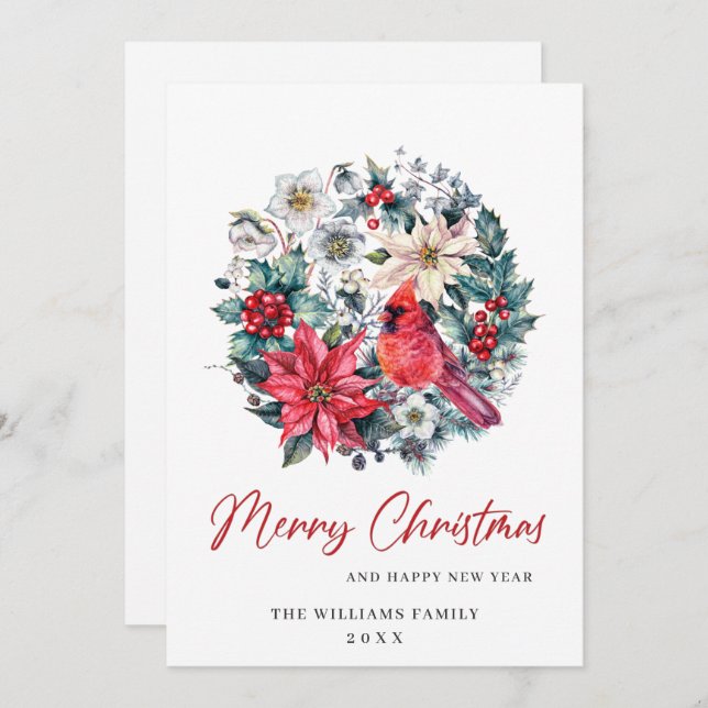 Holly Berry Cardinal Poinsettia Christmas Greeting Holiday Card (Front/Back)