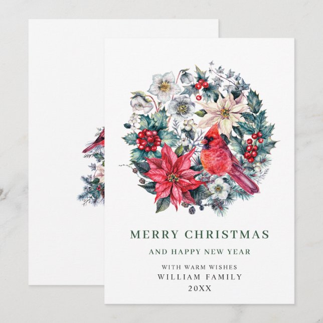 Holly Berry Cardinal Poinsettia Christmas Greeting Holiday Card (Front/Back)