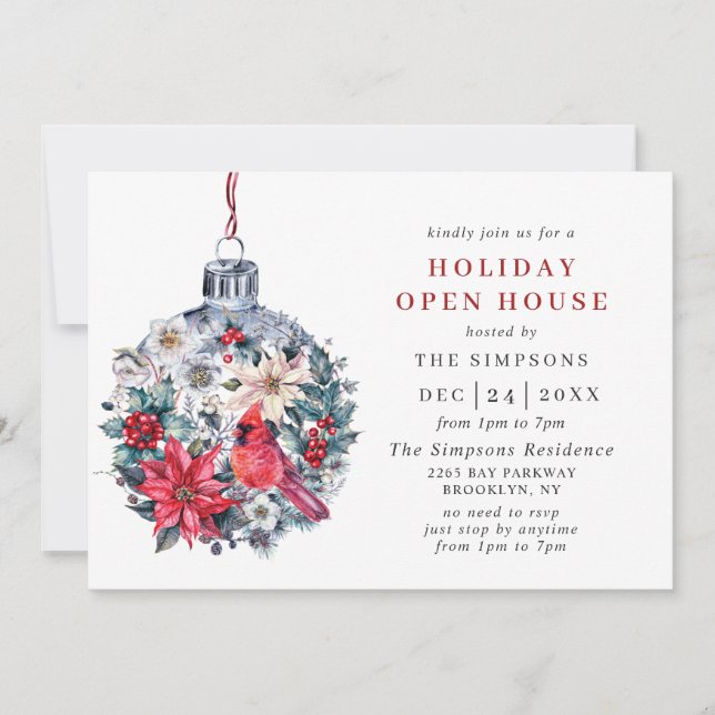 Holly Berry Cardinal Vintage Holiday Open House Invitation (Front)