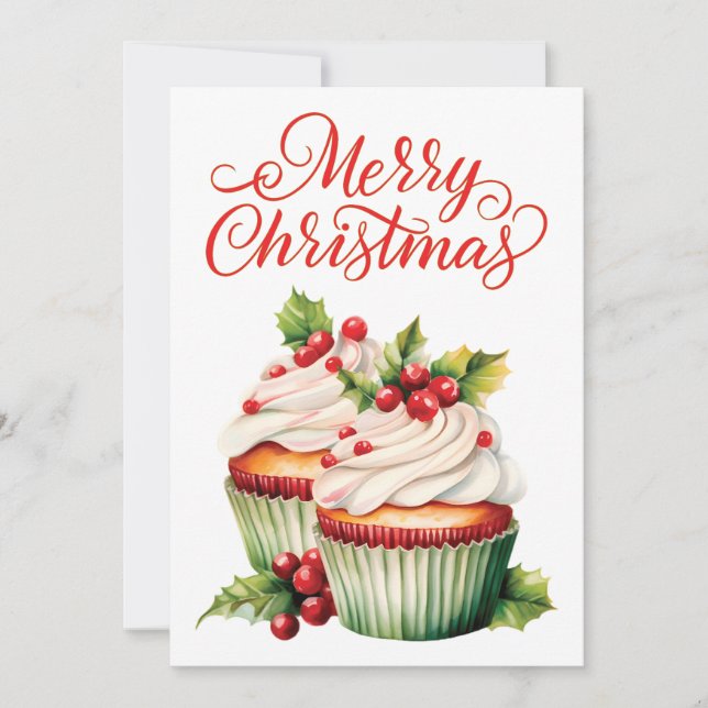 Holly Berry Christmas Cupcake Holiday Card (Front)