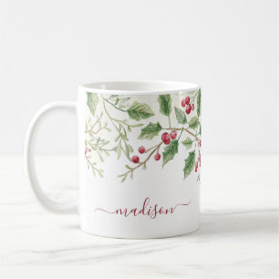 Holly Berry Christmas Holiday Custom Script Name Coffee Mug