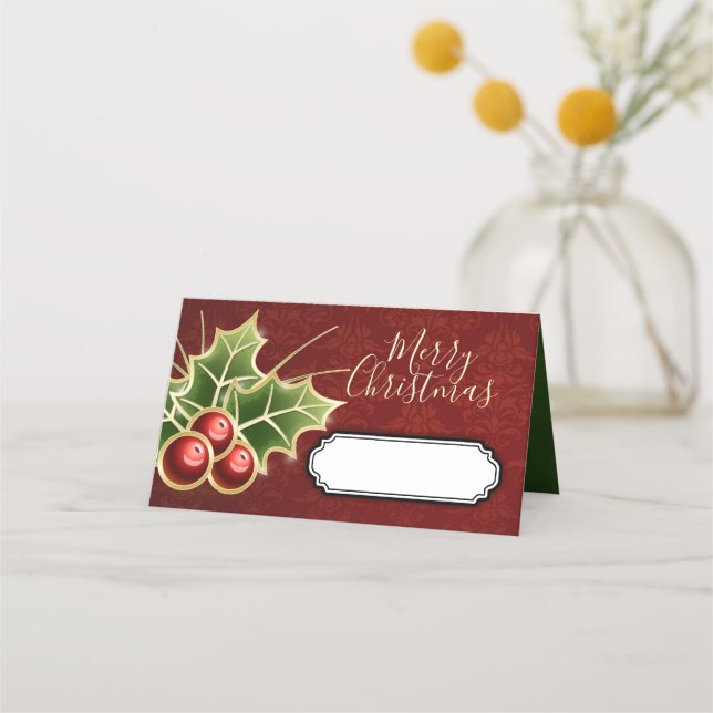 Holly Berry Christmas Party Personalised Red Place Card (Front)