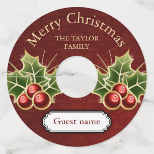 Holly Berry Christmas Personalised Red Damask Wine Glass Tag