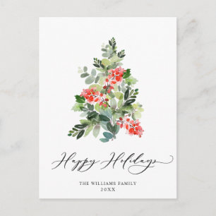 Holly Berry Christmas Tree Greeting Watercolor Holiday Postcard