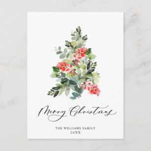 Holly Berry Christmas Tree Greeting Watercolor Holiday Postcard