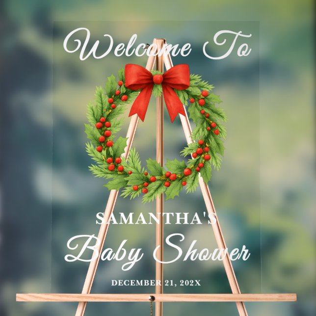 Holly Berry Christmas Wreath Baby Shower Welcome Acrylic Sign (Neutral)