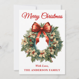 Holly Berry Christmas Wreath with Red Bow Holiday Card