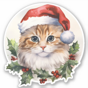 Holly Berry Cute Christmas Cat In Santa Hat