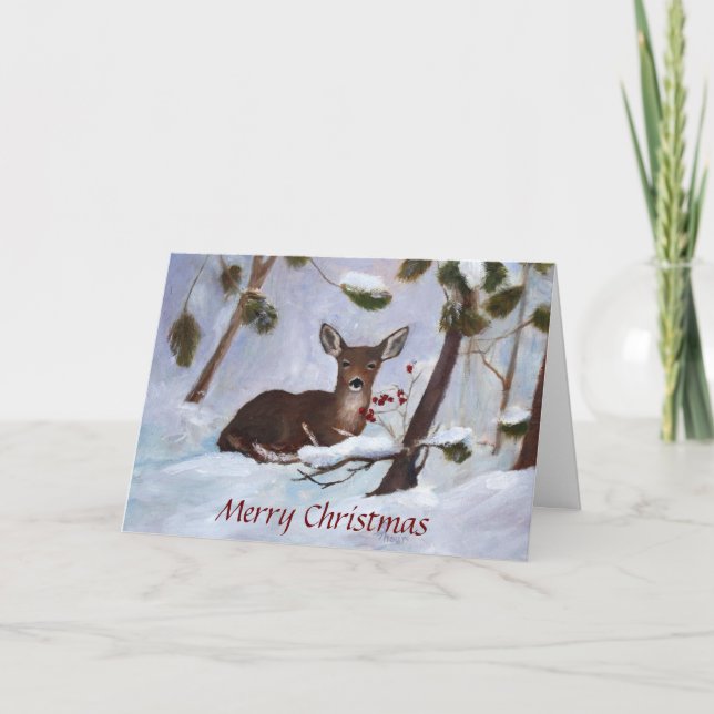 Holly Berry Deer Christmas Card (Front)