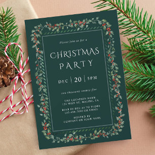 Holly Berry Frame Christmas Party Green   Invitation