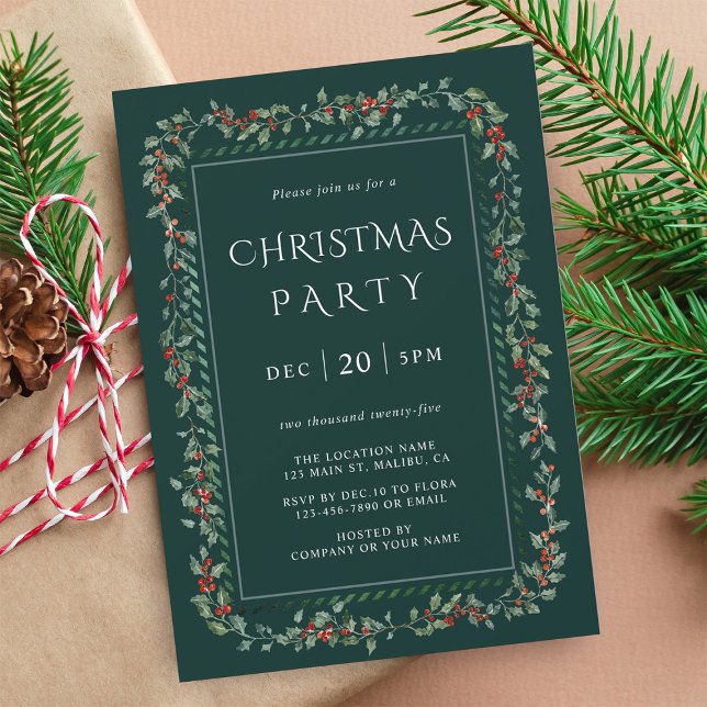 Holly Berry Frame Christmas Party Green   Invitation (Creator Uploaded)