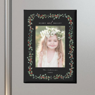 Holly Berry Frame Merry & Bright Photo Black Magnet