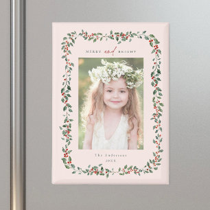 Holly Berry Frame Merry & Bright Photo Blush Pink Magnet