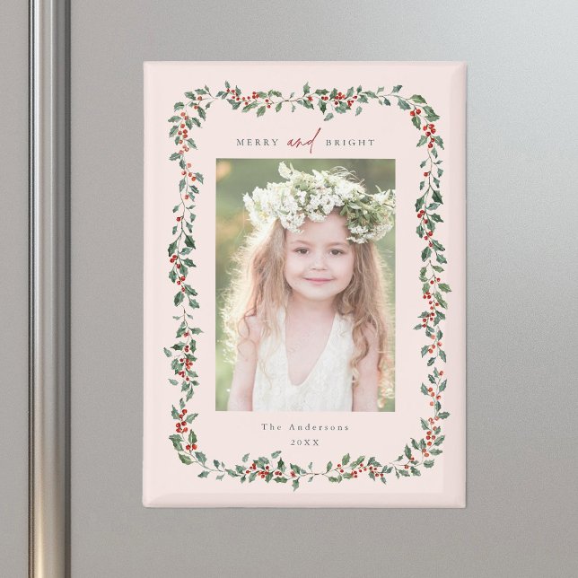 Holly Berry Frame Merry & Bright Photo Blush Pink Magnet (Creator Uploaded)