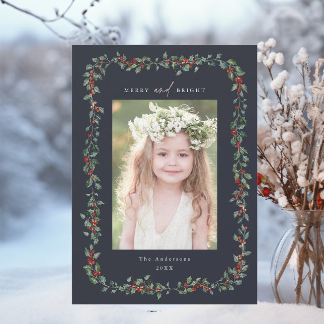 Holly Berry Frame Merry & Bright Photo Navy Holiday Card (Creator Uploaded)